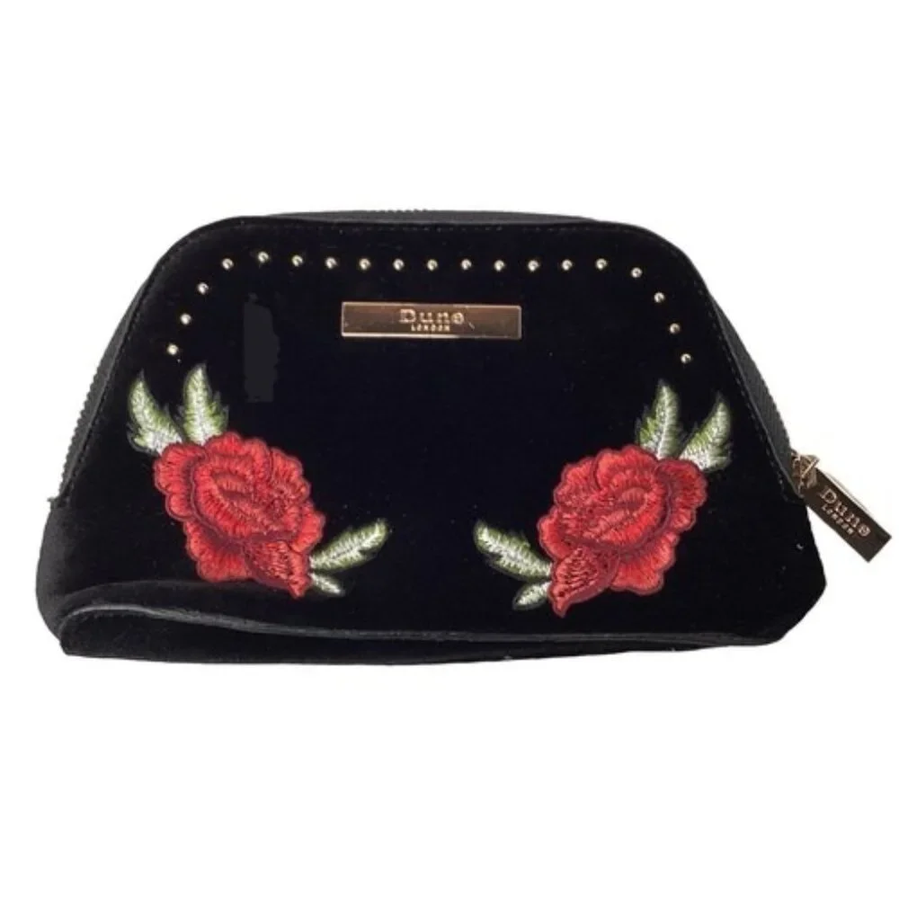 Dune London Clutch Makeup Bag Set of 2 Black Velvet Roses Vintage Gold Zipper - Picture 3 of 7